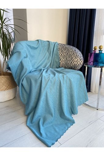 Koçhan Manifatura Pamuklu Jakarlı Süngerli Çizgili Turkuaz Tekli Koltuk Örtüsü 175x215 cm