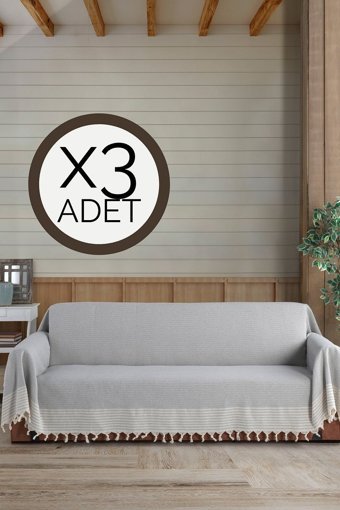 Lux Touch Pamuklu Püsküllü Süngersiz Geometrik Desenli Gri Üçlü Koltuk Örtüsü 180x300 cm