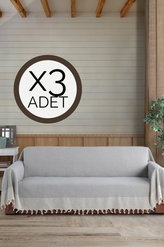 Lux Touch Pamuklu Püsküllü Süngersiz Geometrik Desenli Gri Üçlü Koltuk Örtüsü 180x300 cm