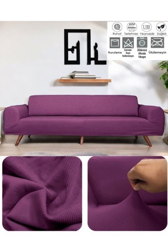 Seltenet Polyester Likralı Jakarlı Süngersiz Petek Desenli Giydirmeli Su Geçirmez Mor Tekli Koltuk Örtüsü 180x230 cm