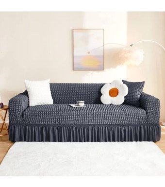 İntil Pamuklu - Polyester Bürümcük Fırfırlı Süngersiz Kapitone Giydirmeli Antrasit Üçlü Koltuk Örtüsü 183x230 cm