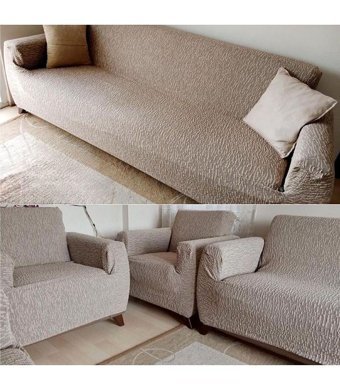 Faiend Jakarlı Süngersiz Kırçıllı Giydirmeli Bej 3-3-1-1 Koltuk Örtüsü 230x180 cm
