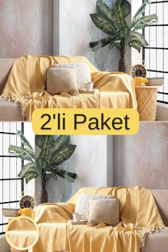 Miracolo Home Pamuklu Püsküllü Süngersiz Çizgili Sarı İkili Koltuk Örtüsü 170x230 cm