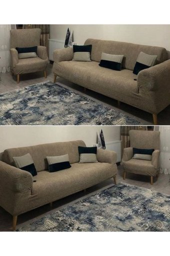 Etles Home Pamuklu - Polyester Likralı Jakarlı Süngersiz Armürlü Giydirmeli Kahverengi Sekizli Koltuk Örtüsü 180x230 cm
