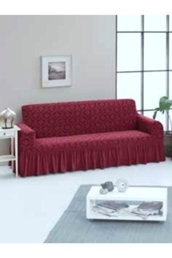 Consept Home Pamuklu - Polyester Likralı Jakarlı Süngersiz Giydirmeli Bordo Üçlü Koltuk Örtüsü 85x213,5 cm