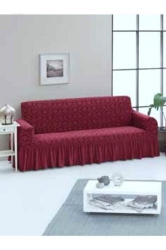 Consept Home Pamuklu - Polyester Likralı Jakarlı Süngersiz Giydirmeli Bordo Üçlü Koltuk Örtüsü 85x213,5 cm