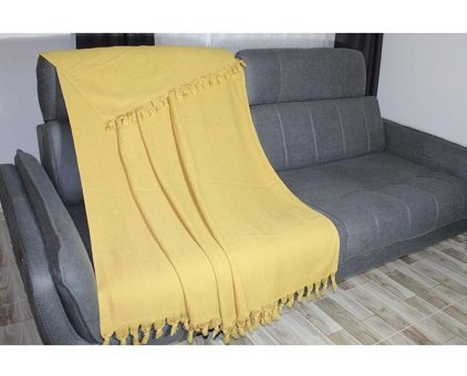 Bies Living Collection Cosmo Premium Pamuklu Püsküllü Süngersiz Düz Kaymaz Sarı Tekli Koltuk Örtüsü 180x240 cm