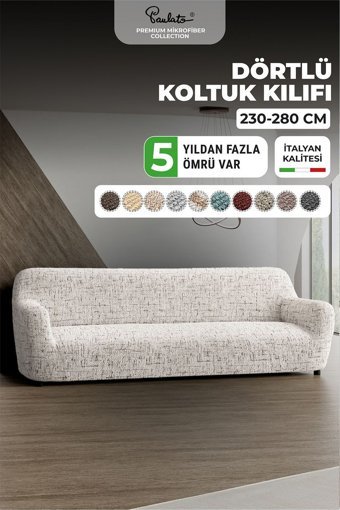 Paulato Mikrofiber Likralı Jakarlı Süngersiz Çizgili Giydirmeli Beyaz Dörtlü Koltuk Örtüsü 250x310 cm