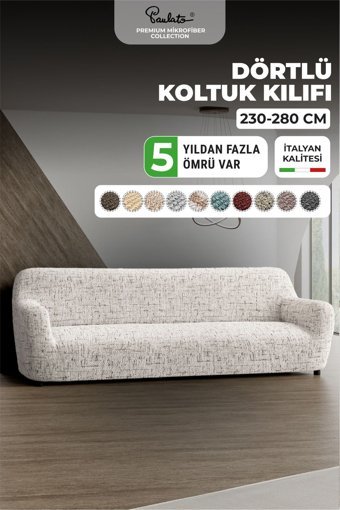 Paulato Mikrofiber Likralı Jakarlı Süngersiz Çizgili Giydirmeli Beyaz Dörtlü Koltuk Örtüsü 250x310 cm
