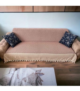 Taşkın Home Pamuklu Polar Saçaklı Süngersiz Geometrik Desenli Turuncu Tekli Koltuk Örtüsü 220x180 cm