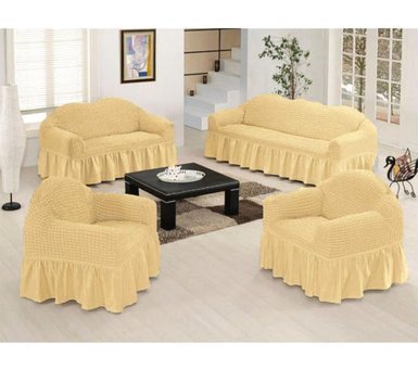 Armağan Pamuklu - Polyester Bürümcük Fırfırlı Süngersiz Giydirmeli Lastikli Bej Dörtlü Koltuk Örtüsü 230x180 cm
