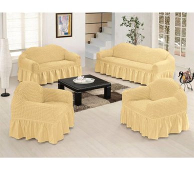 Armağan Pamuklu - Polyester Bürümcük Fırfırlı Süngersiz Giydirmeli Lastikli Bej Dörtlü Koltuk Örtüsü 230x180 cm