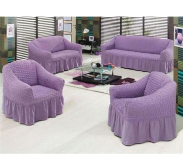 Altın Kelebek Pamuklu - Polyester Bürümcük Fırfırlı Süngersiz Giydirmeli Lastikli Lila Dörtlü Koltuk Örtüsü 180x230 cm