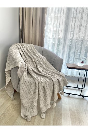 Taylan Mimarlık Akrilik Örgü Ponponlu Süngersiz Düz Kahverengi Tekli Koltuk Örtüsü 130x170 cm