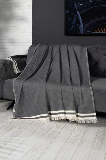 Denizli Concept Alinda Pamuklu - Polyester Kanvas Saçaklı Süngersiz Armürlü Kaymaz Siyah Üçlü Koltuk Örtüsü 170x301 cm