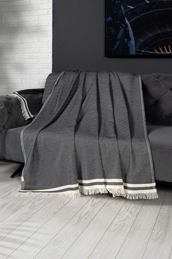 Denizli Concept Alinda Pamuklu - Polyester Kanvas Saçaklı Süngersiz Armürlü Kaymaz Siyah Üçlü Koltuk Örtüsü 170x301 cm
