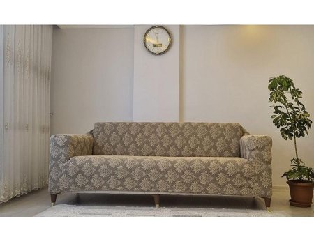Güzelevim Polyester Jakarlı Süngersiz Damask Desenli Giydirmeli Bej İkili Koltuk Örtüsü 180x230 cm