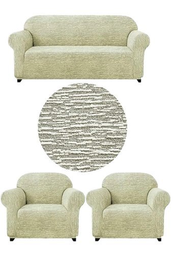 Uytm Likralı Jakarlı Süngerli Çizgili Giydirmeli Bej Üçlü Koltuk Örtüsü 180x230 cm