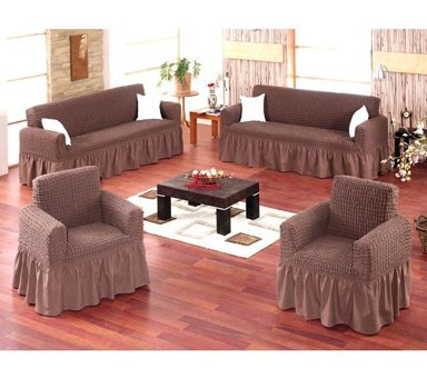 Ak Lale Polyester Bürümcük Fırfırlı Süngersiz Petek Desenli Giydirmeli Lastikli Kahverengi Dörtlü Koltuk Örtüsü 200x250 cm