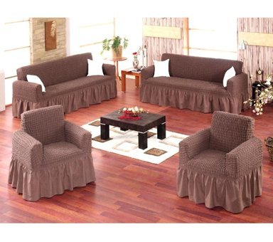 Ak Lale Polyester Bürümcük Fırfırlı Süngersiz Petek Desenli Giydirmeli Lastikli Kahverengi Dörtlü Koltuk Örtüsü 200x250 cm