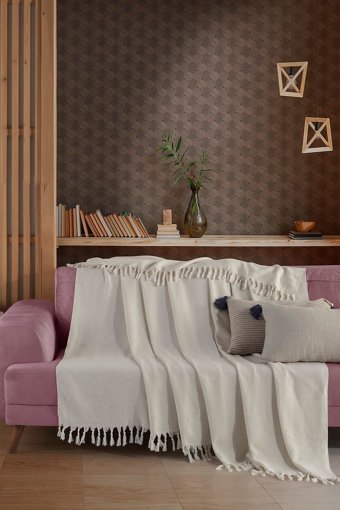 Ladynil Natural Pamuklu Saçaklı Süngersiz Çizgili Ekru Tekli Koltuk Örtüsü 180x220 cm