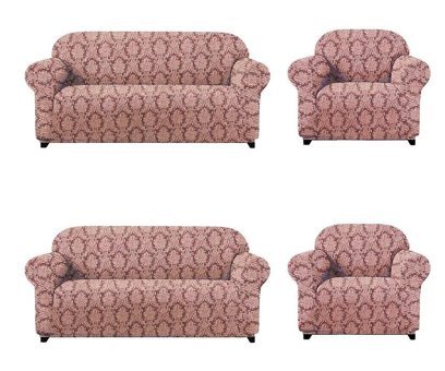 Ak Lale Polyester Fırfırlı Süngersiz Geometrik Desenli Giydirmeli Lastikli Pembe Dörtlü Koltuk Örtüsü 180x230 cm