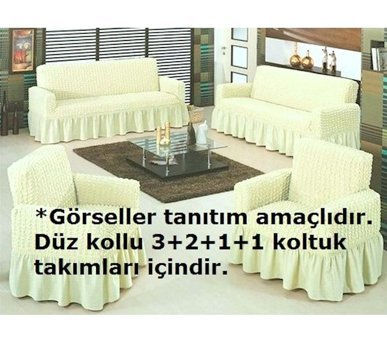 Mandaş Bürümcük Fırfırlı Süngersiz Kareli Giydirmeli Bej Dörtlü Koltuk Örtüsü