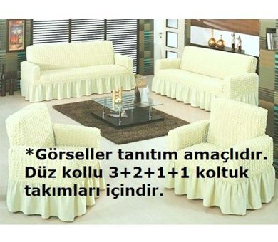 Mandaş Bürümcük Fırfırlı Süngersiz Kareli Giydirmeli Bej Dörtlü Koltuk Örtüsü