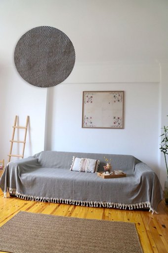 Koza Home Pamuklu - Polyester Saçaklı Süngersiz Çizgili Siyah Tekli Koltuk Örtüsü 180x300 cm