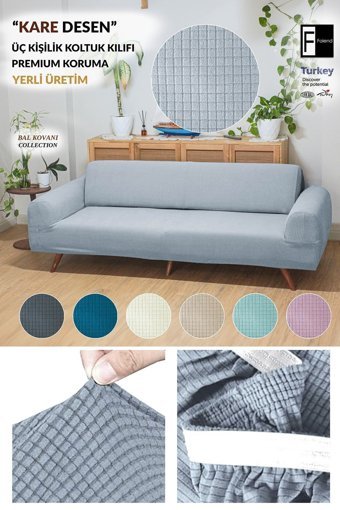 Faiend Polyester Süngersiz Düz Giydirmeli Mavi Üçlü Koltuk Örtüsü 180x220 cm