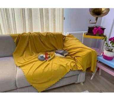 Poyraz Garanti Pamuklu Nubuk Jakarlı Süngersiz Çizgili Hardal Üçlü Koltuk Örtüsü 180x220 cm