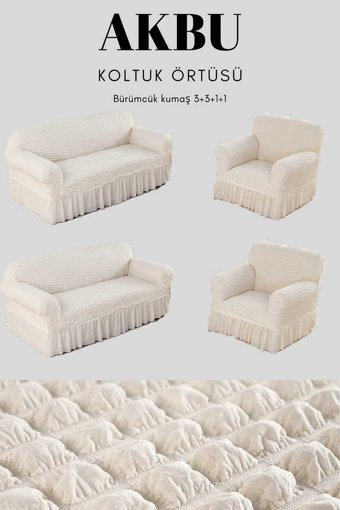 Akbu Pamuklu - Polyester Bürümcük Fırfırlı Süngersiz Giydirmeli Lastikli Krem Dörtlü Koltuk Örtüsü 183x230 cm