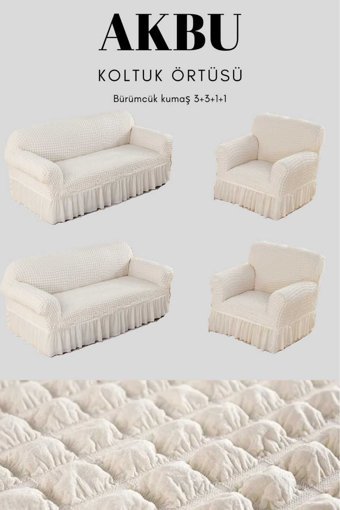 Akbu Pamuklu - Polyester Bürümcük Fırfırlı Süngersiz Giydirmeli Lastikli Krem Dörtlü Koltuk Örtüsü 183x230 cm