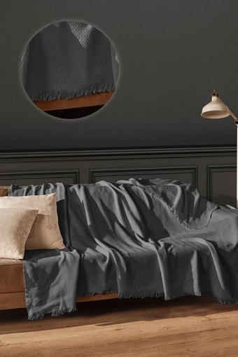 Ferinno Pamuklu Saçaklı Süngersiz Düz Bej Koltuk Örtüsü 170x200 cm