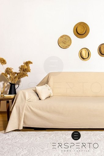 Ersperto Natural Keten Kanvas Jakarlı Süngersiz Armürlü Bej Üçlü Koltuk Örtüsü 180x400 cm