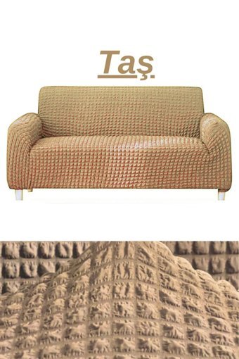 E Bahar Polyester Bürümcük Jakarlı Süngersiz Armürlü Giydirmeli Bej Üçlü Koltuk Örtüsü 180x230 cm