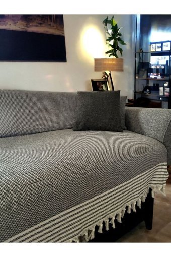 Mucize Evim Pamuklu Püsküllü Süngersiz Çizgili Antrasit Tekli Koltuk Örtüsü 175x200 cm