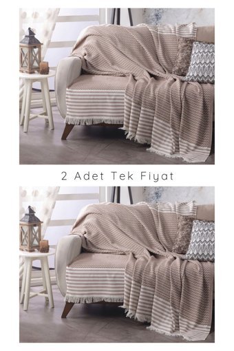 Lux Touch Olimpos Pamuklu Saçaklı Süngersiz Geometrik Desenli Bej Tekli Koltuk Örtüsü 180x200 cm