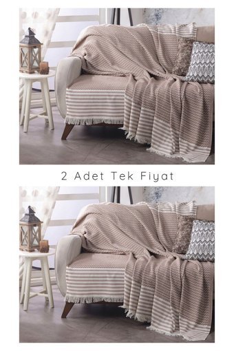 Lux Touch Olimpos Pamuklu Saçaklı Süngersiz Geometrik Desenli Bej Tekli Koltuk Örtüsü 180x200 cm