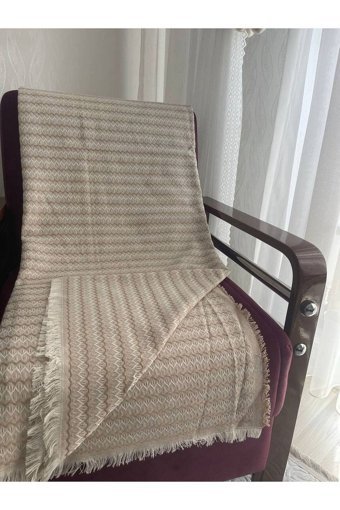 Yaren Çeyiz Pamuklu Polar Saçaklı Süngersiz Çizgili Bej Tekli Koltuk Örtüsü 170x200 cm