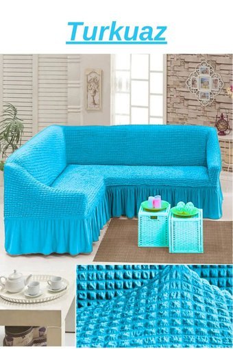 Uytm Polyester Bürümcük-Likralı Drapeli Süngerli Çizgili Giydirmeli Turkuaz Tekli Koltuk Örtüsü 180x350 cm
