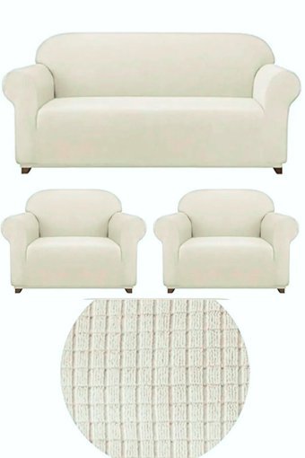 Uytm Pamuklu - Polyester Likralı Süngerli Çizgili Giydirmeli Bej Üçlü Koltuk Örtüsü 180x230 cm