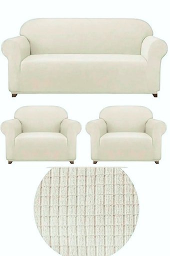 Uytm Pamuklu - Polyester Likralı Süngerli Çizgili Giydirmeli Bej Üçlü Koltuk Örtüsü 180x230 cm