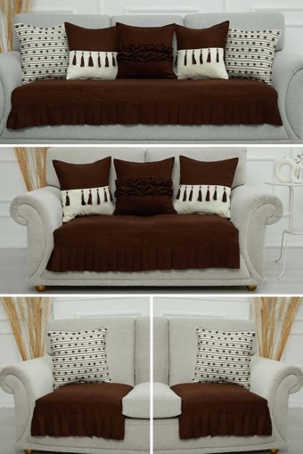 Aisha's Design KTK-8 Polyester Örgü Pileli Süngersiz Düz Kahverengi Dörtlü Koltuk Örtüsü 34x48 cm