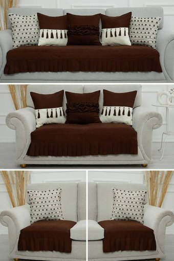 Aisha's Design KTK-8 Polyester Örgü Pileli Süngersiz Düz Kahverengi Dörtlü Koltuk Örtüsü 34x48 cm