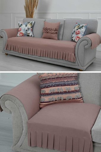 Aisha's Design KTK-6 Polyester Örgü Pileli Süngersiz Düz Pembe Üçlü Koltuk Örtüsü 34x48 cm