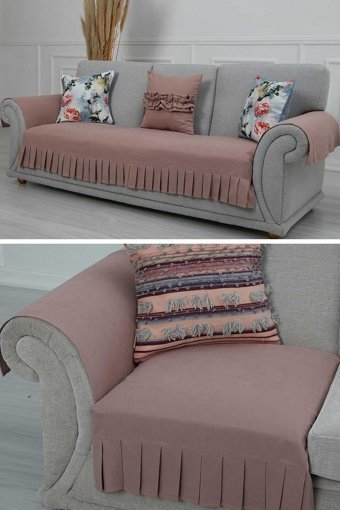 Aisha's Design KTK-6 Polyester Örgü Pileli Süngersiz Düz Pembe Üçlü Koltuk Örtüsü 34x48 cm