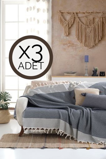 Lux Touch Bergama Pamuklu Püsküllü Süngersiz Geometrik Desenli Lacivert Üçlü Koltuk Örtüsü 180x200 cm