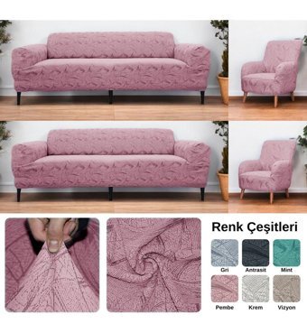 Etles Home Pamuklu - Polyester Likralı Jakarlı Süngersiz Armürlü Giydirmeli Pembe Sekizli Koltuk Örtüsü 180x230 cm