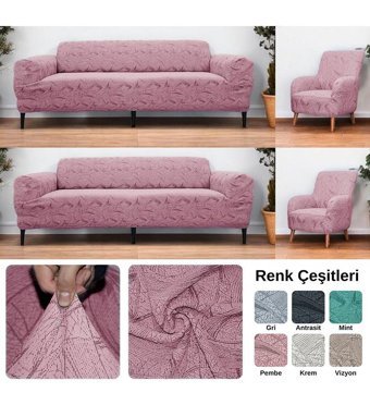 Etles Home Pamuklu - Polyester Likralı Jakarlı Süngersiz Armürlü Giydirmeli Pembe Sekizli Koltuk Örtüsü 180x230 cm